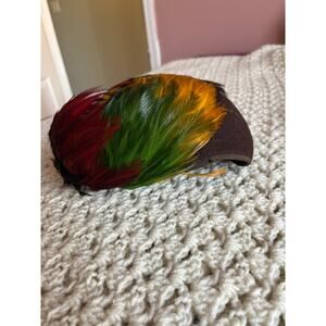 Vintage 1940s Feather Skull Cap Hat Wool Red Yellow Green Black